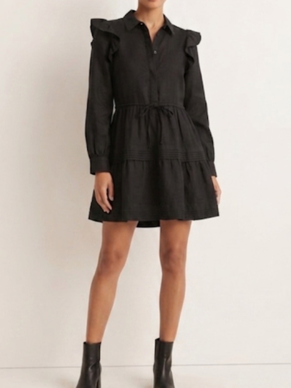 RUE STIIC Black Linen Blend Ruffle Tiered Abby Mini Dress Small